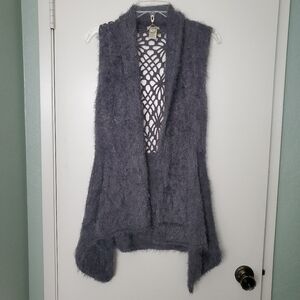 Escio High Low Draped Luxury Soft Gray Womans Sweater Vest Open Work Back Sz S